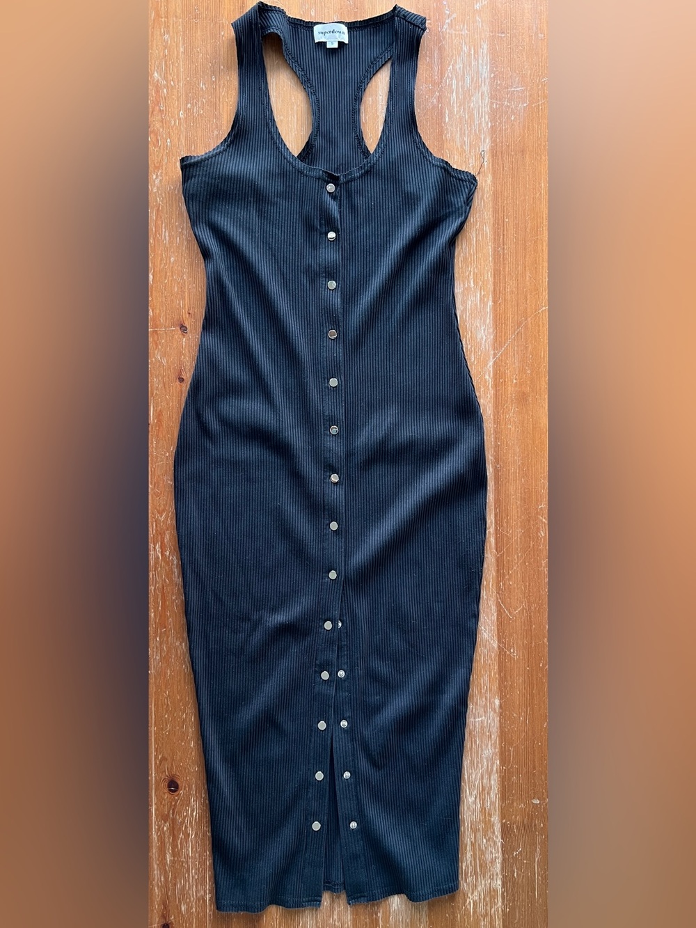 superdown Black Ribbed Button-Front Tank Midi Dress